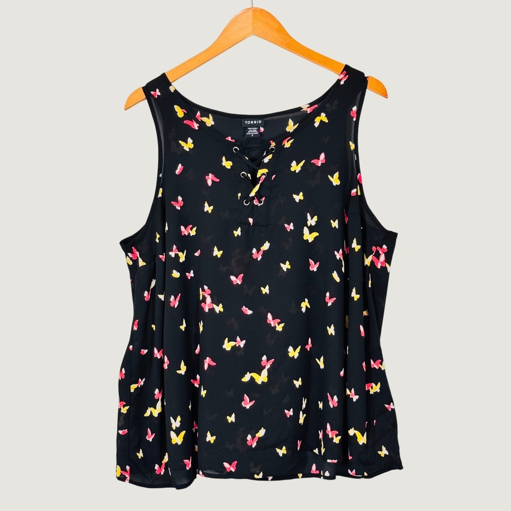 Torrid Tank Top Womens 0 Black Butterfly Lace Up Neck Sleeveless Chiffon Blouse